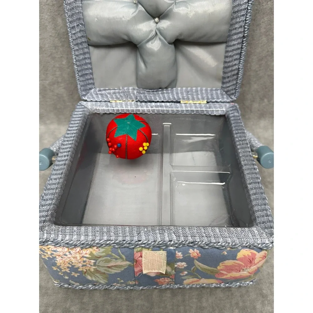 Vintage Floral Sewing‎ Basket Blue Pink Rose Craft Organizer with Tray Handle